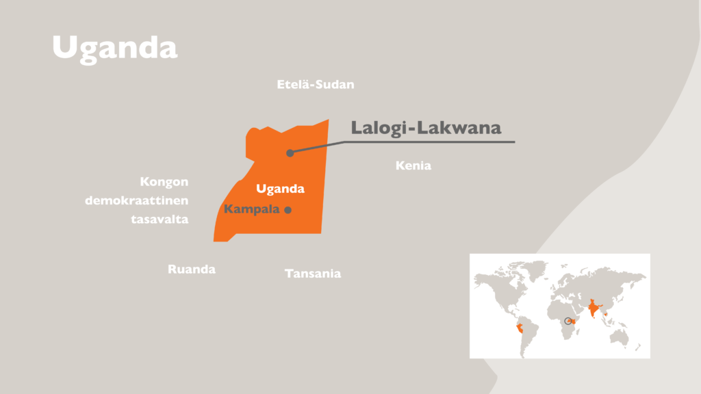 Ugandan kartta, jossa näkyy Lalogi-Lakwanan sijainti.