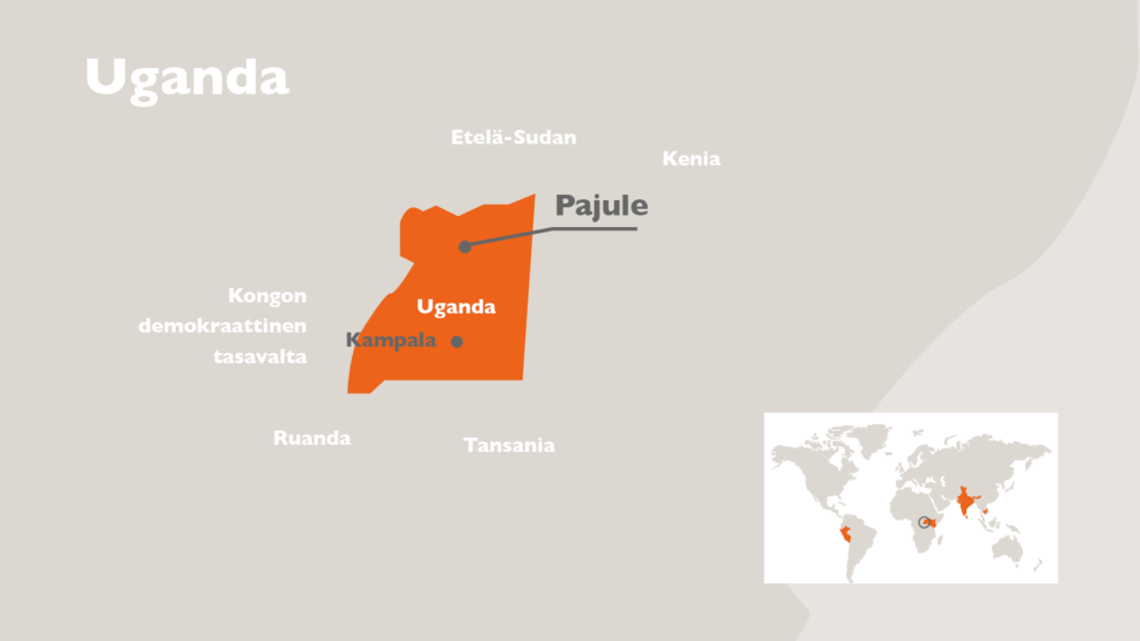Kartta Ugandasta, johon Pajulen sijainti on merkitty