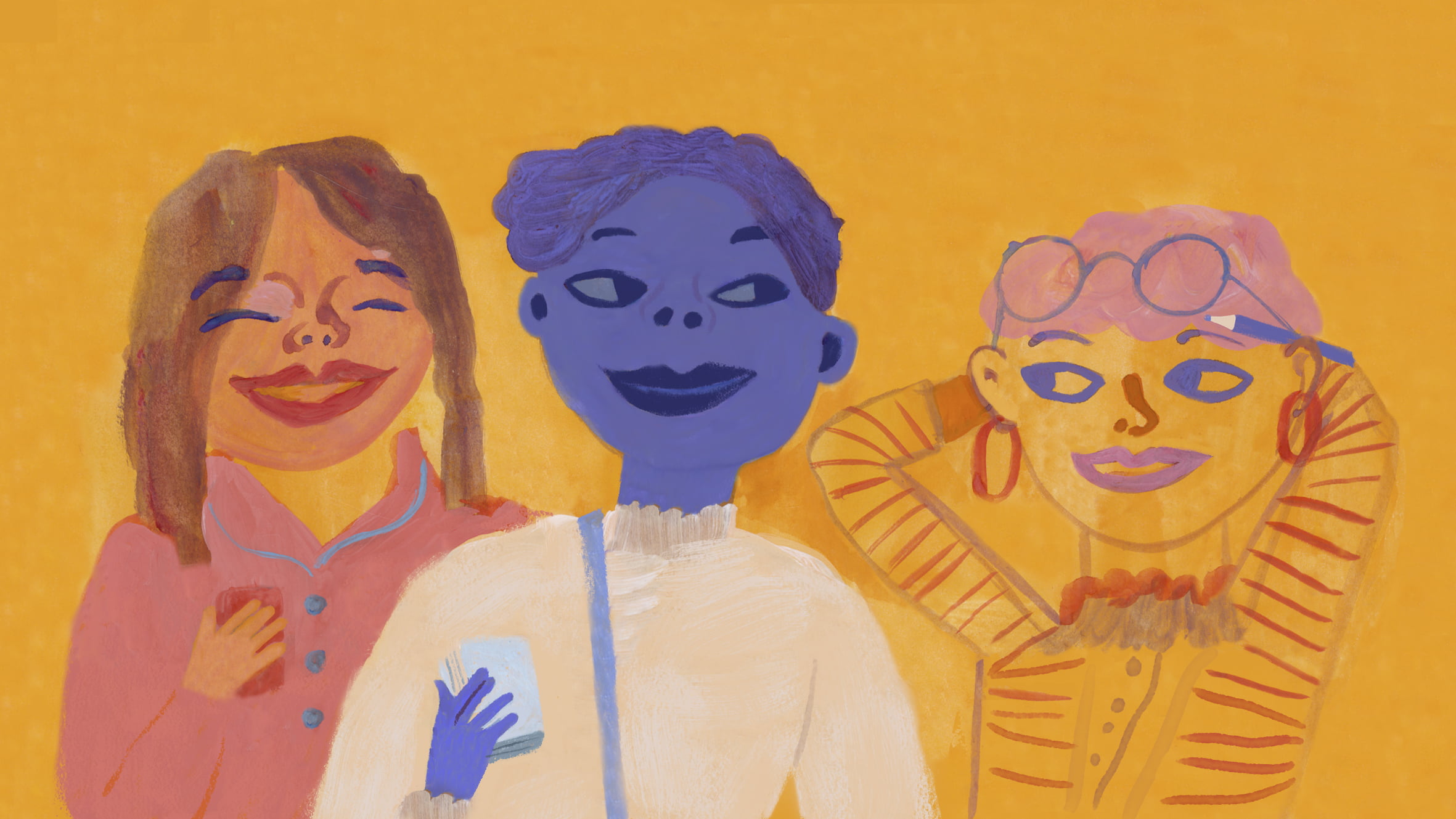 Vesiväreillä maalattu kuva, jossa näkyy kolmen eri naisen kasvoja